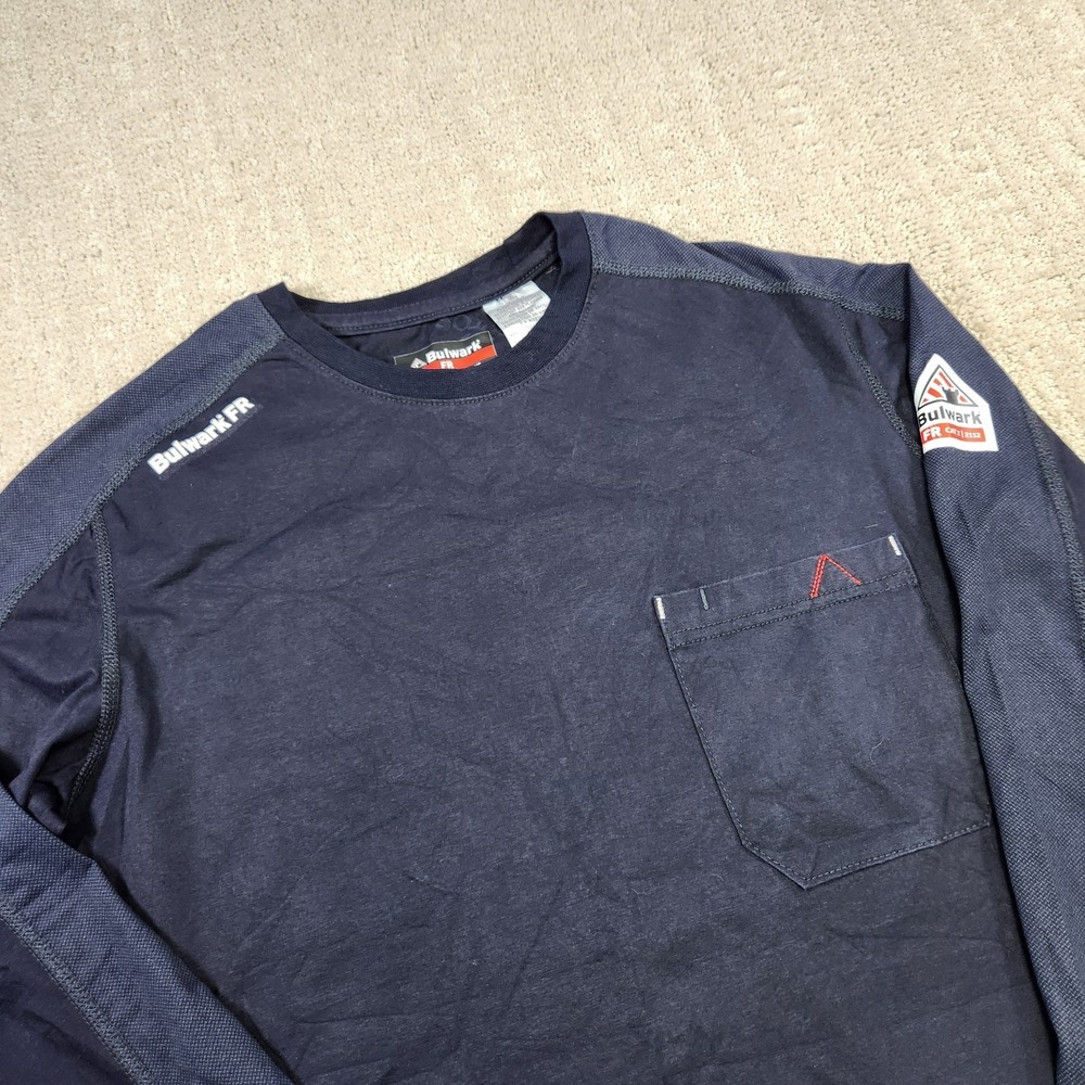 Bulwark FR Shirt Men Medium Blue Stretch Flame Resistant Long Sleeve Cat 2